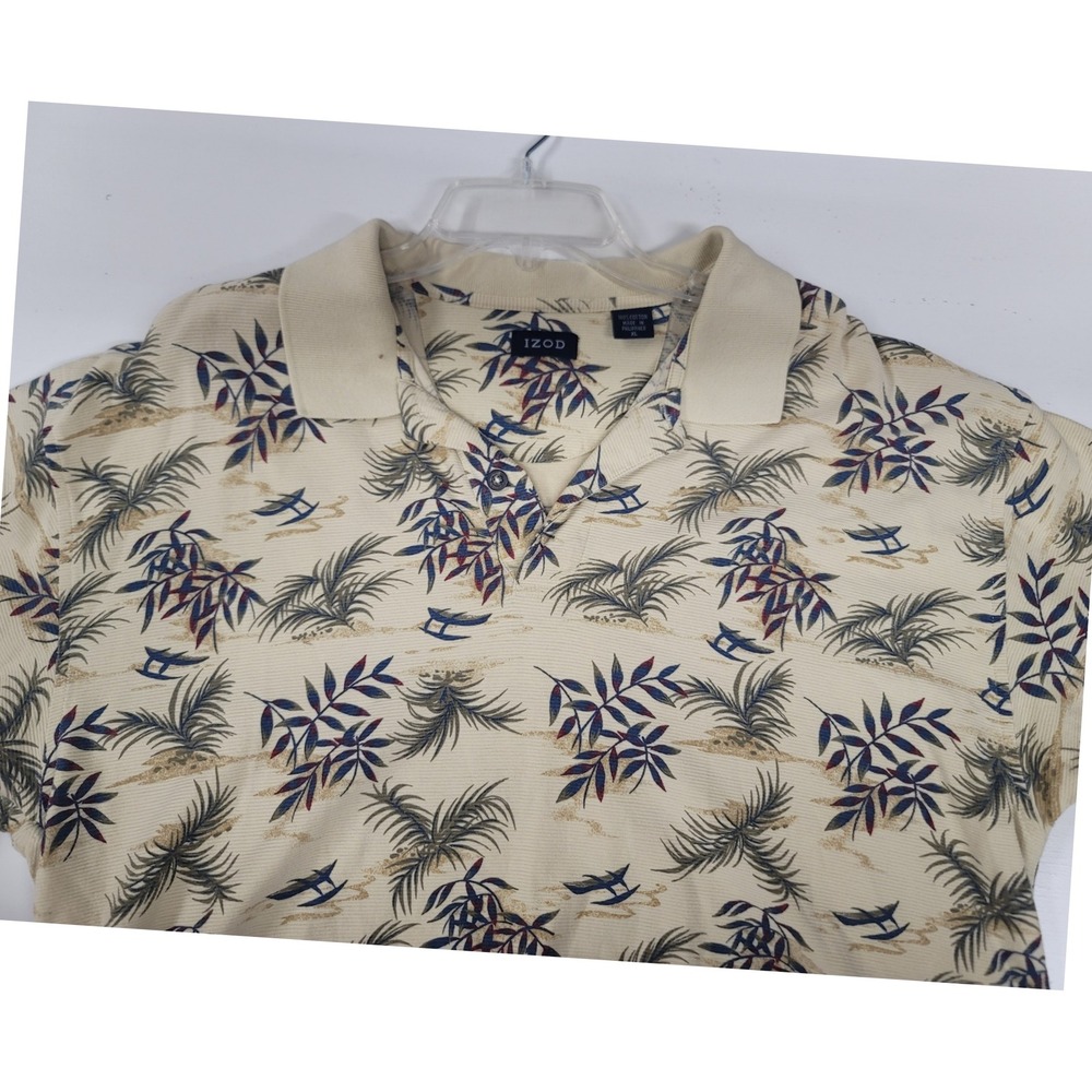 IZOD Men's XL Beige Palm Tree Print Short Sleeve Polo Shirt‎ Casual